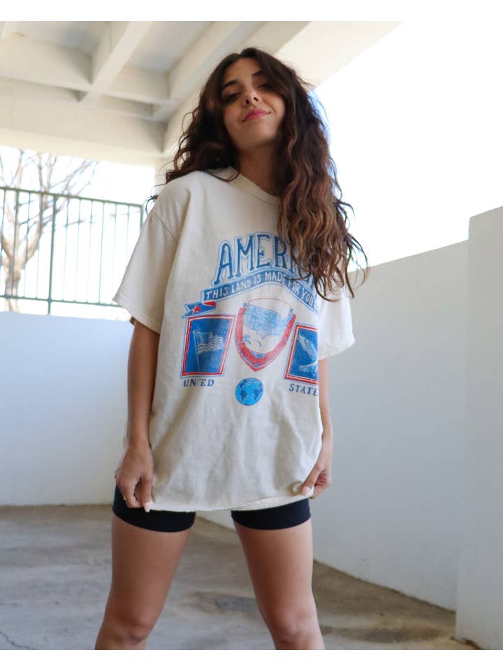 LivyLu - Wholesale Screen Printed T-Shirt - Unisex - 4th of July America Patch Off White Thrifted Graphic Tee1
