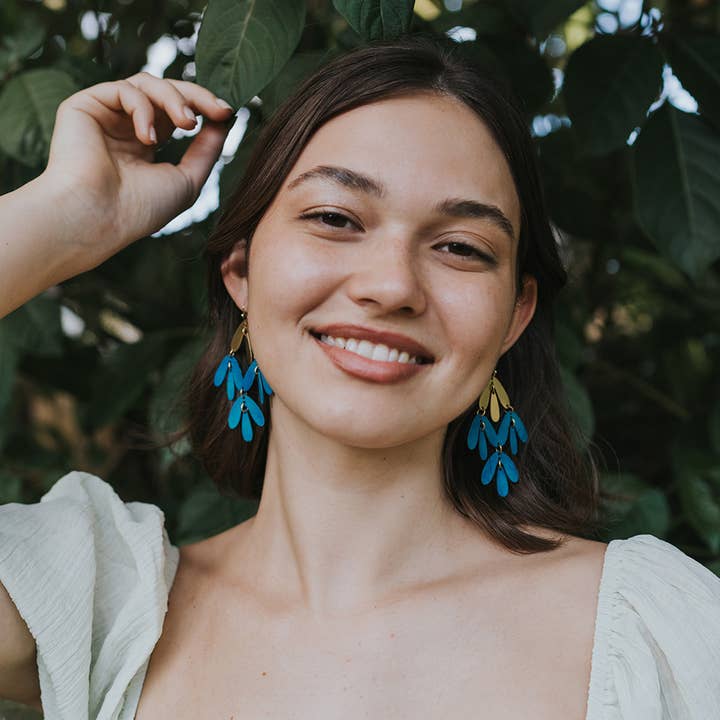 Matr Boomie Fair Trade - Wholesale Dangle Earrings - Chameli Chandelier Earrings - Teal Patina, Gold Petals