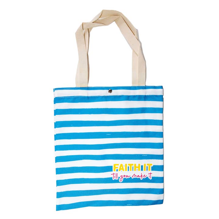 Striped Tote - Blue - Faith it Till You Make It for wholesale by Divinity Boutique