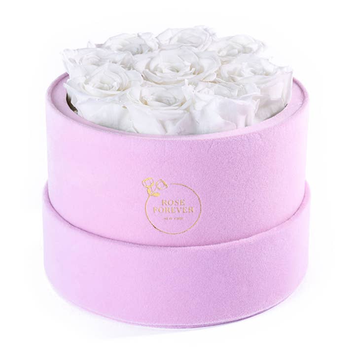 Rose Forever – wholesale Dried/pressed flowers – 9 White Roses Pink Suede – Luxury Eternity Box