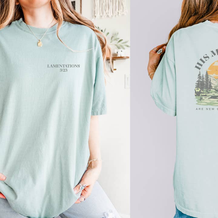 Hans nåde er ny hver morgen dobbeltsidet print T-shirt for engroshandel hos Woobie Beans Jewelry, Gifts & Apparel