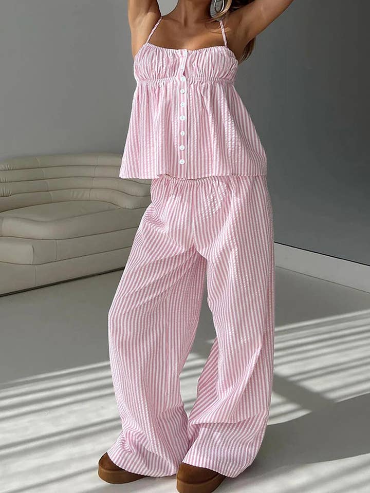 Minimalistisches gestreiftes Cami-Top mit langen Hosen Set DP25D944 für den Großhandel von Dipped Shop