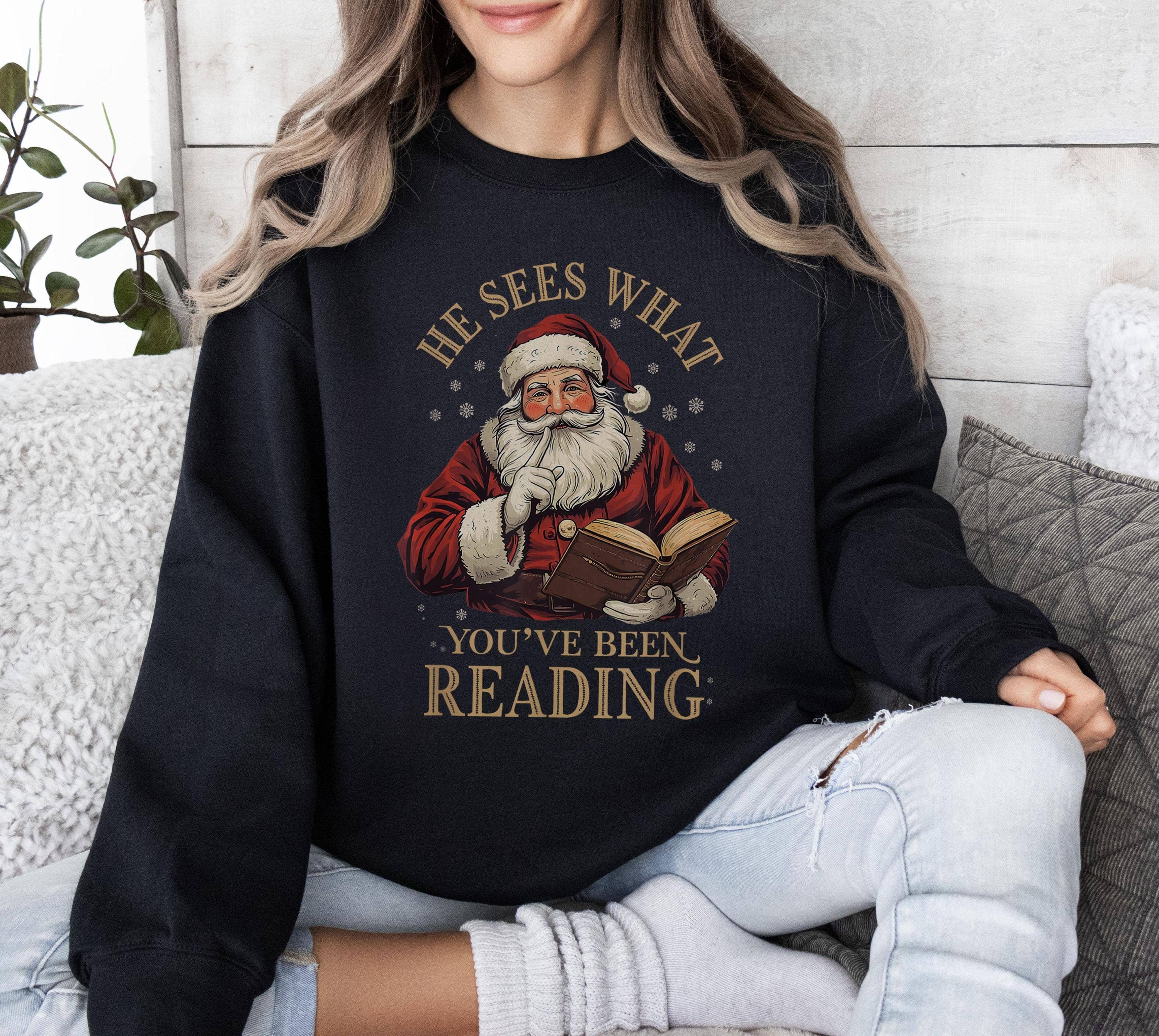 Glaime – wholesale T-shirt (graphic) – women's – Funny Bookish Christmas Santa Comfort Colors Sweater & Tee4