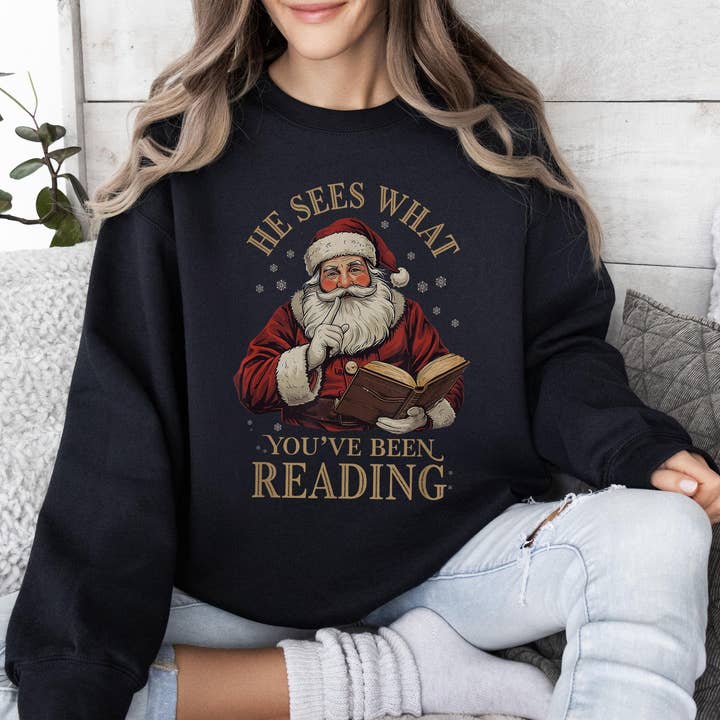 Glaime – wholesale T-shirt (graphic) – women's – Funny Bookish Christmas Santa Comfort Colors Sweater & Tee4