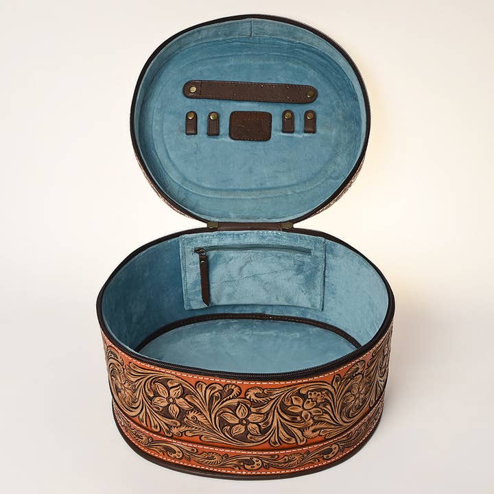 LS Western - Wholesale Jewellery box/organiser - ADBGA412 Western Hand Tooled Leather Jewelry Case Oval Floral Organizer (Tan)11
