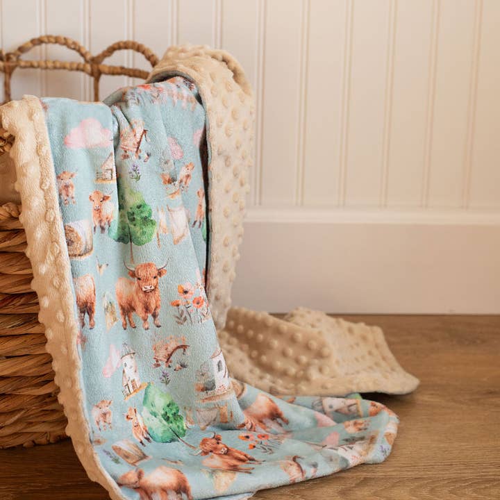 Mini Minky Blanket Highland Cow for wholesale by Honey Lemonade- Minky Baby Blankets and Gifts