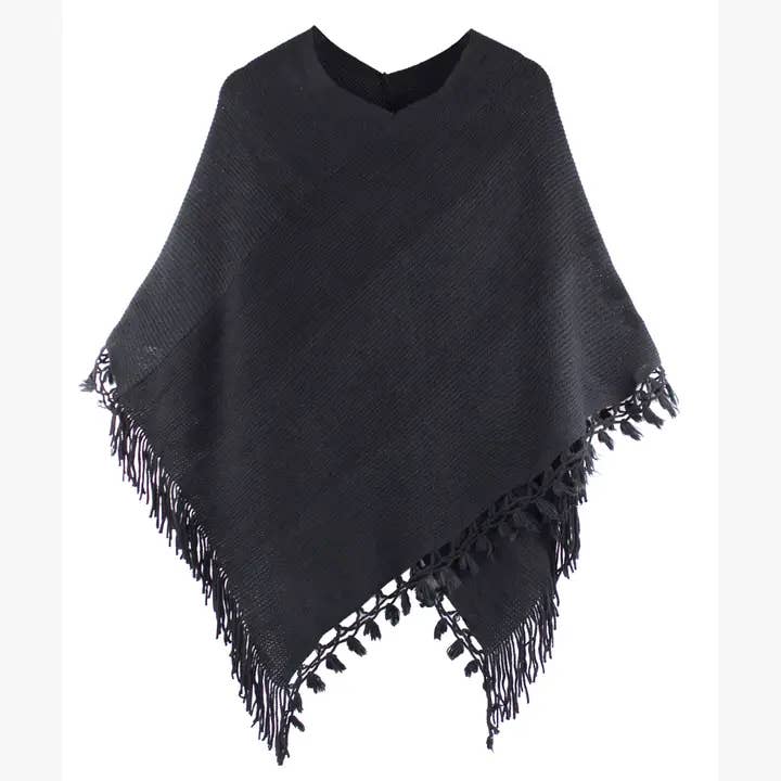 Fennco Styles - Wholesale Poncho – Women's - Black Color Block Fringe Poncho Sweater2