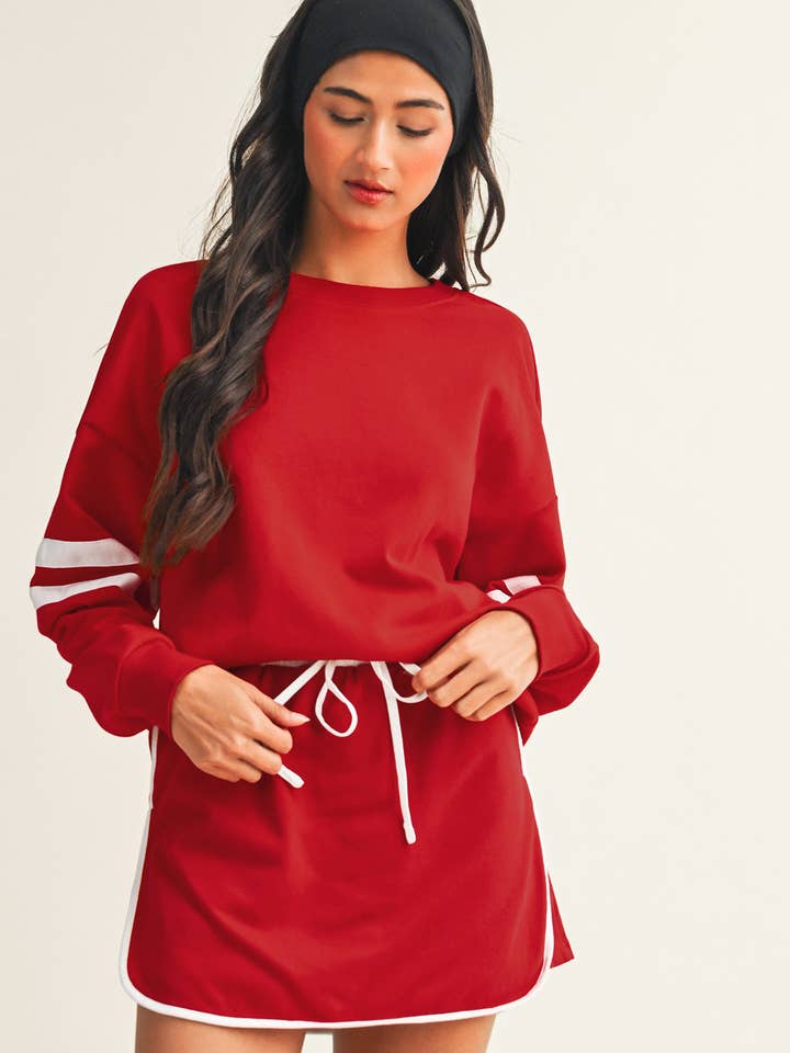 LDC Stripe Detail Drop Shoulder Pullover Mini Skirt Set for wholesale by Little Daisy Closet