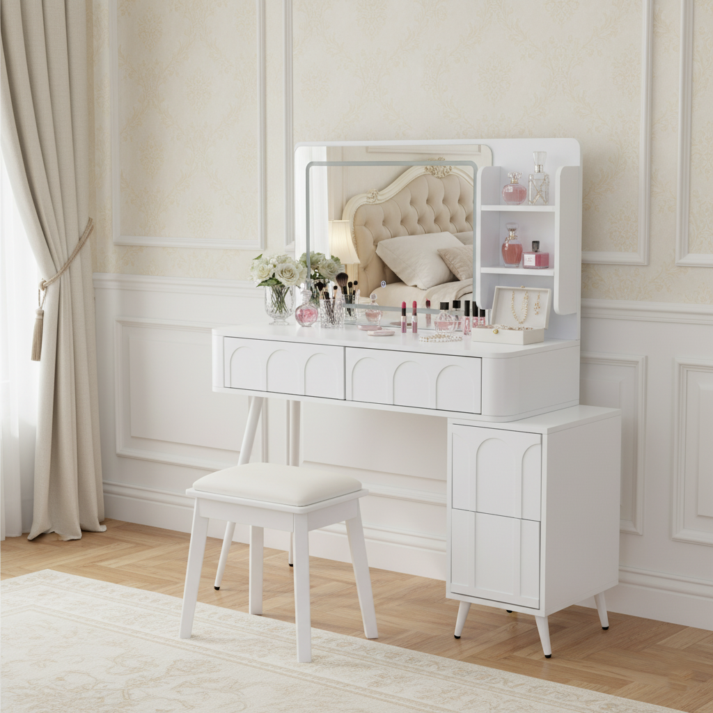 White Modern Makeup Vanity Desk with LED Lights & Mirror for wholesale on Faire2