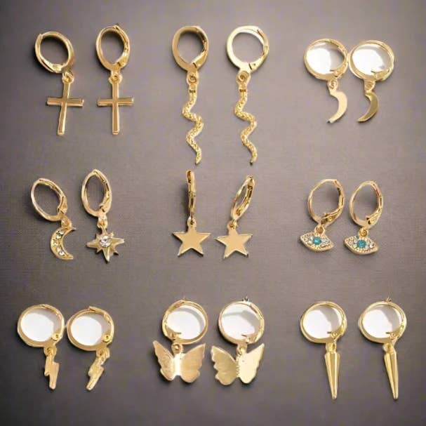 9-par/sæt enkle Cross Butterfly sæt øreringe for engroshandel hos WoodWristCo