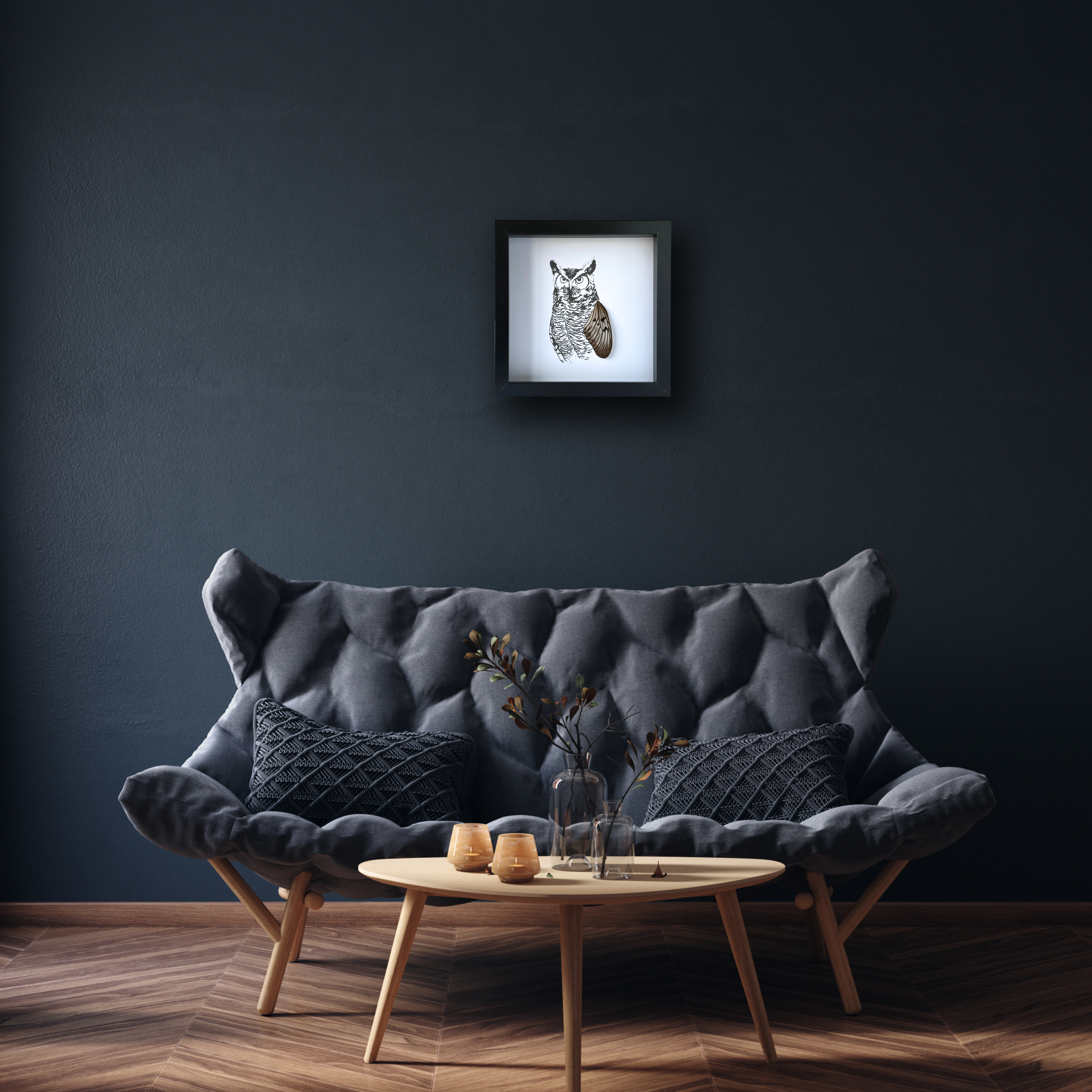 Isms - Wholesale Wall Accent - Realistic Horned Owl Framed Art with Real Butterfly Wings2