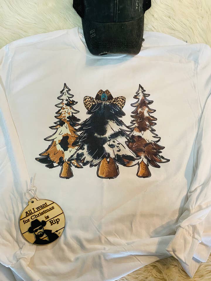Cow Print Christmas Trees country western Long Sleeve Tee for wholesale by Neat Creations