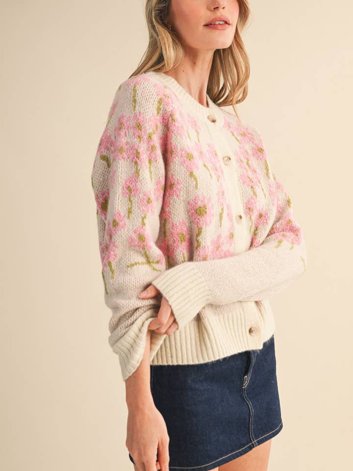 &MERCI - Wholesale Cardigan - Women's - FLORAL KNIT BUTTON DOWN SWEATER CARDIGAN MSW1123825