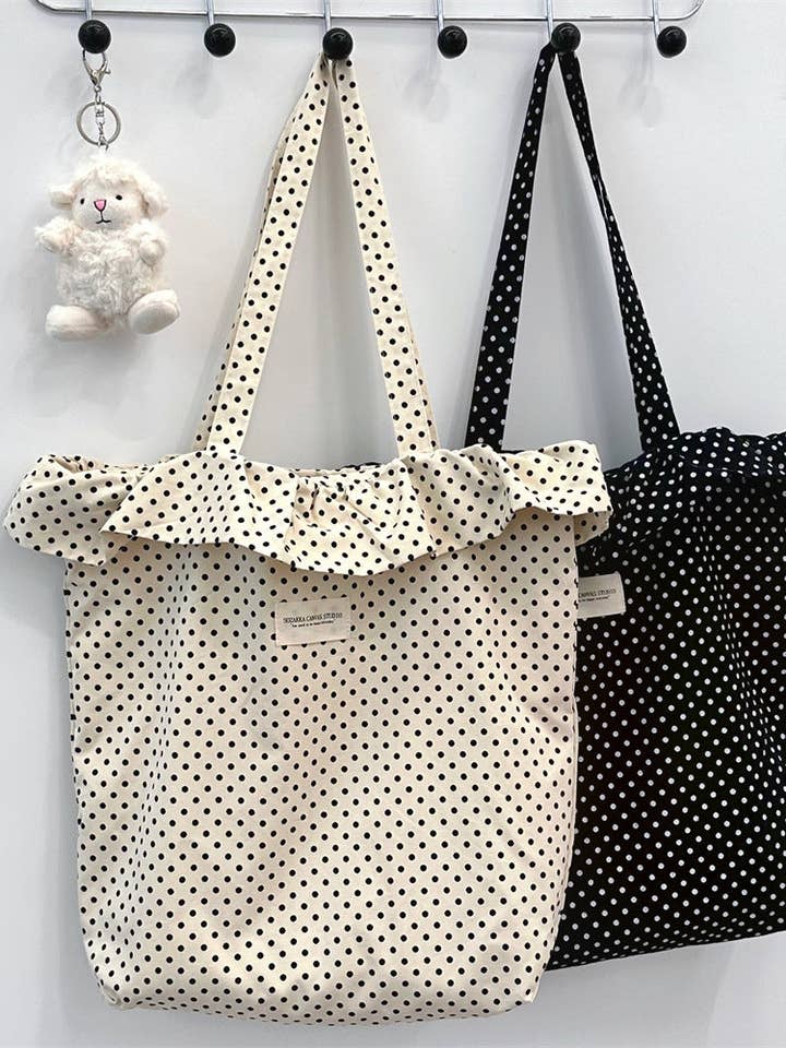 Polka Dot Ruffle Tote Bag for wholesale by Tickled Teal