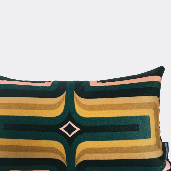 Retro Geometric Velvet Cushion - Bottle + Ochre for wholesale by Sharon Jane Studio