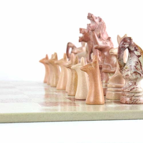 Global Crafts - Wholesale Board Game - Soapstone Hand-Carved Chess Set  in Box  - Safari Animal Pieces8