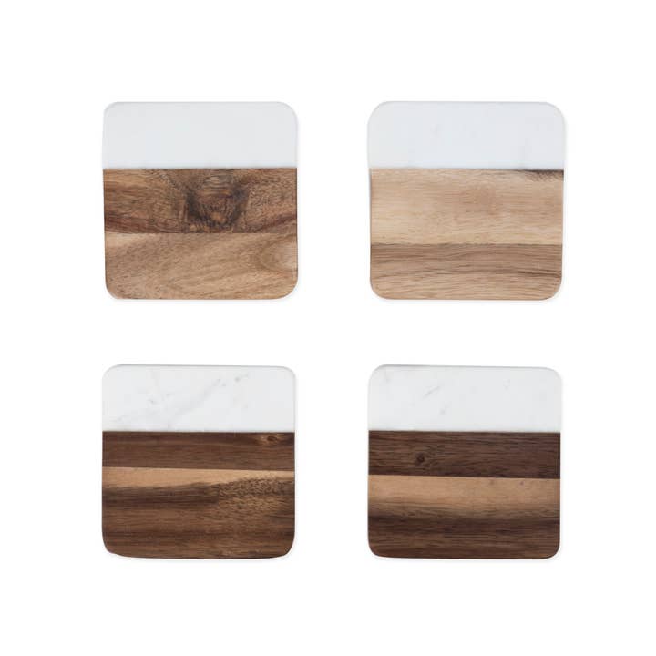 Marble and Acacia Coasters with Rounded Corners Set of 4 for wholesale by Twine