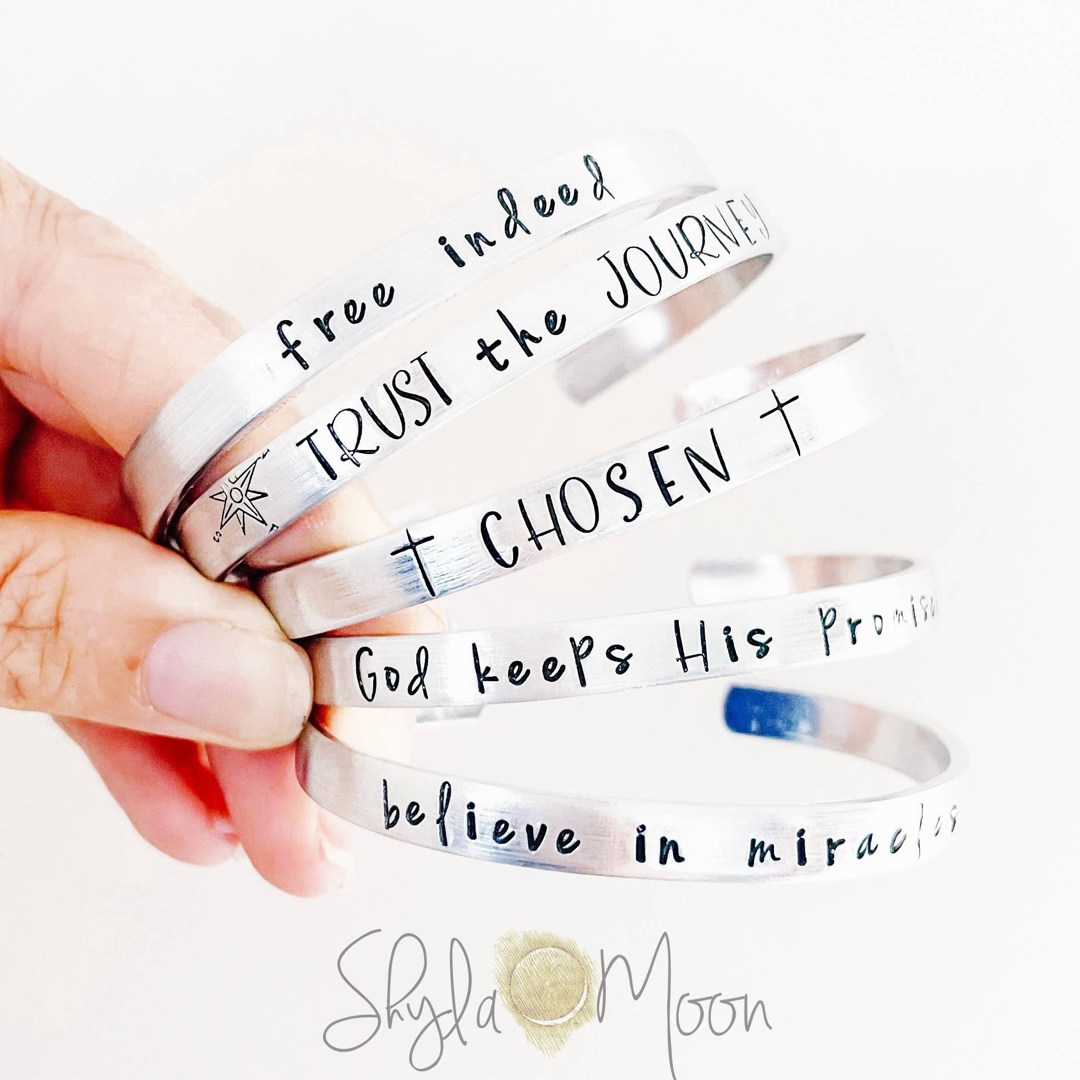 Shyla Moon - Wholesale Cuff Bracelet - Set of 5 Faith Based Sayings, Hand Stamped Cuff Bracelets0