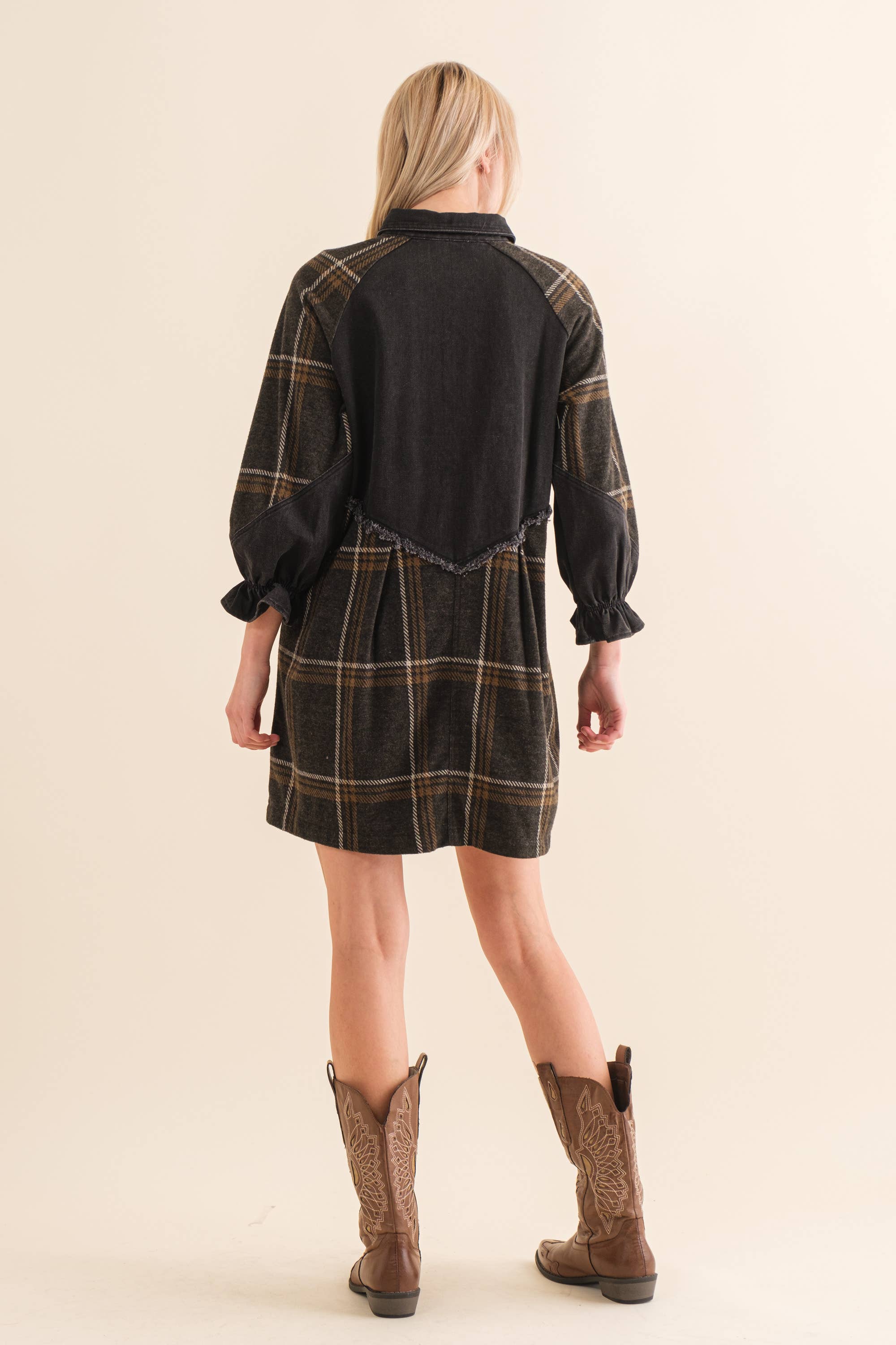 SCHWARZ Denim-Mix Hemdblusenkleid mit gebürstetem Karomuster für den Großhandel auf Faire4