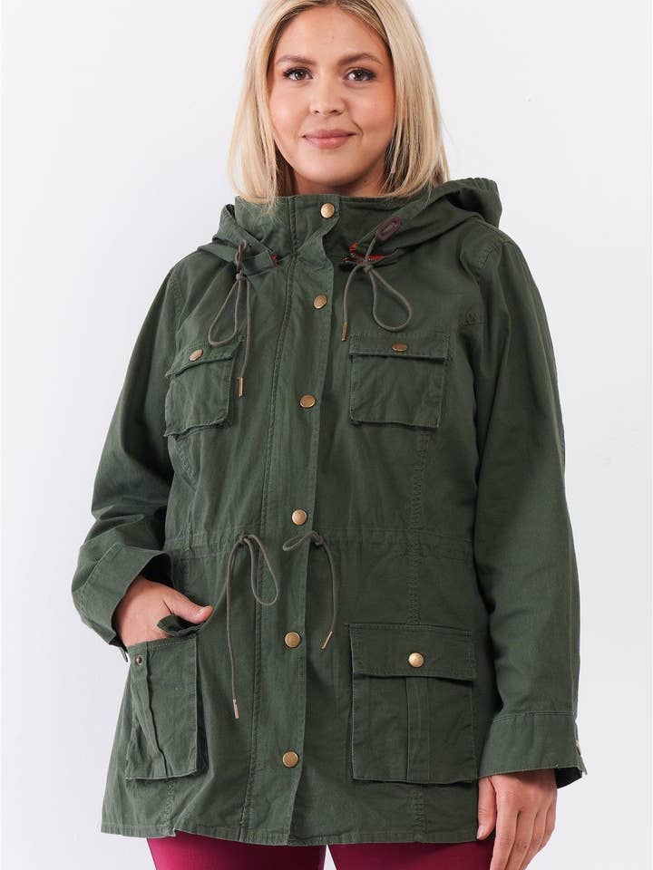 Plus Size Olive Cotton Zip-Up Hood Utility Jacket /4-2 for wholesale by Tasha Apparel Wholesale