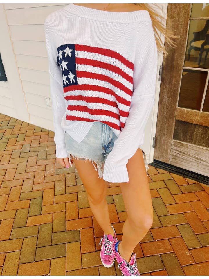 Sweetkama - Vente Pull en maille – femme - Pull-over à col rond pour femmes avec drapeau américain SKT41070