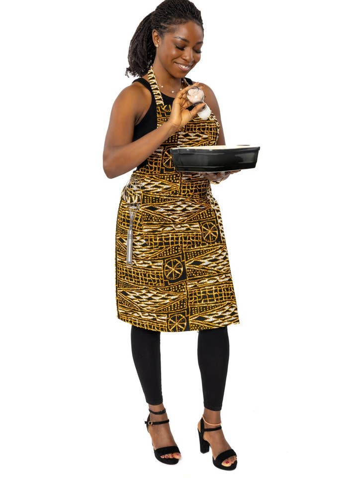 Avental de estampa africana - Ndop Amarelo Preto Camarões por atacado de AfricanFabs