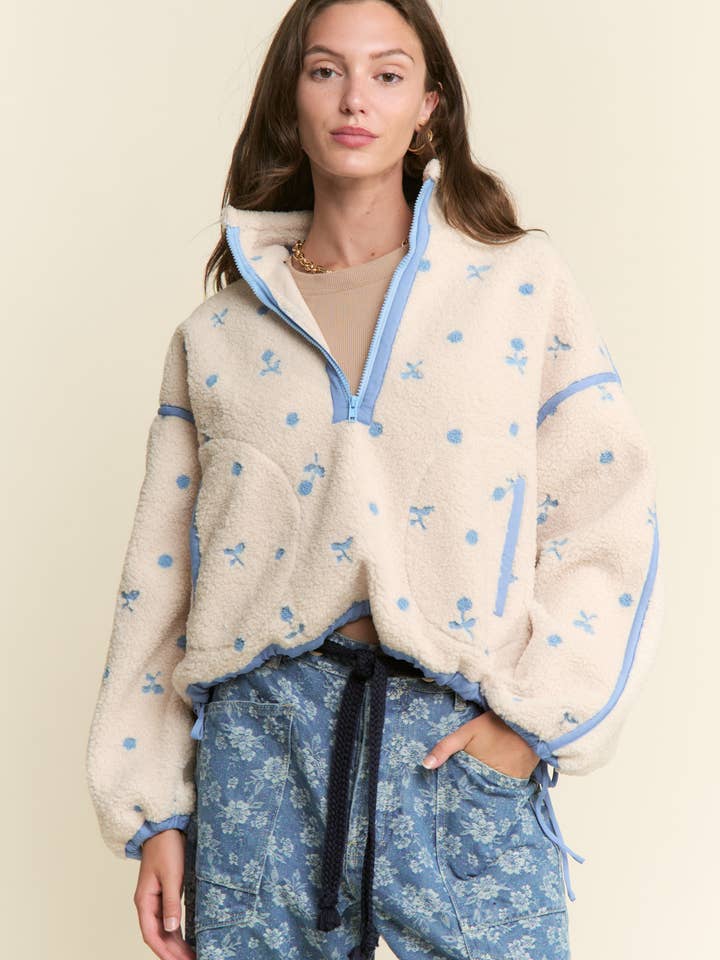 Cream Blue FLORAL PRINT SHERPA ZIPPER PULLOVER for wholesale on Faire1