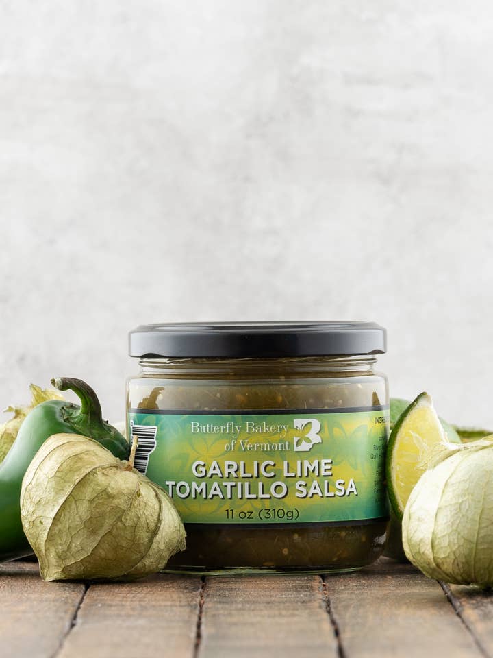 Garlic Lime Tomatillo Salsa 11oz for wholesale by Butterfly Bakery of Vermont