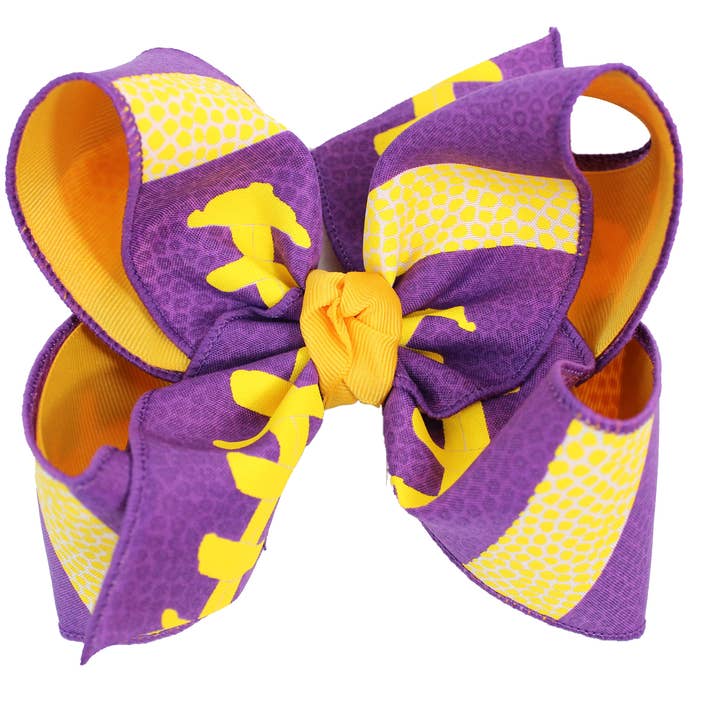 PURPLE & YELLOW GOLD FOOTBALL BOW for wholesale by Beyond Creations, LLC
