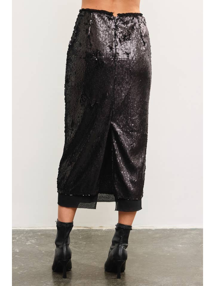 Mustard Seed - Wholesale Skirt - Women's - LAYERED MESH BACK SLIT SEQUIN MIDI SKIRT