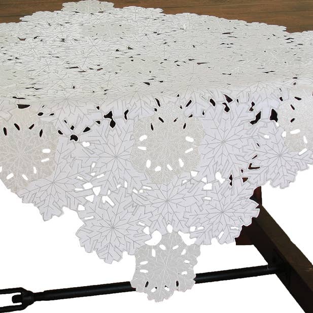 Shimmer Snowflake Embroidered Cutwork Table Topper,34"x34" for wholesale by Xia Home Fashions & Manor Luxe
