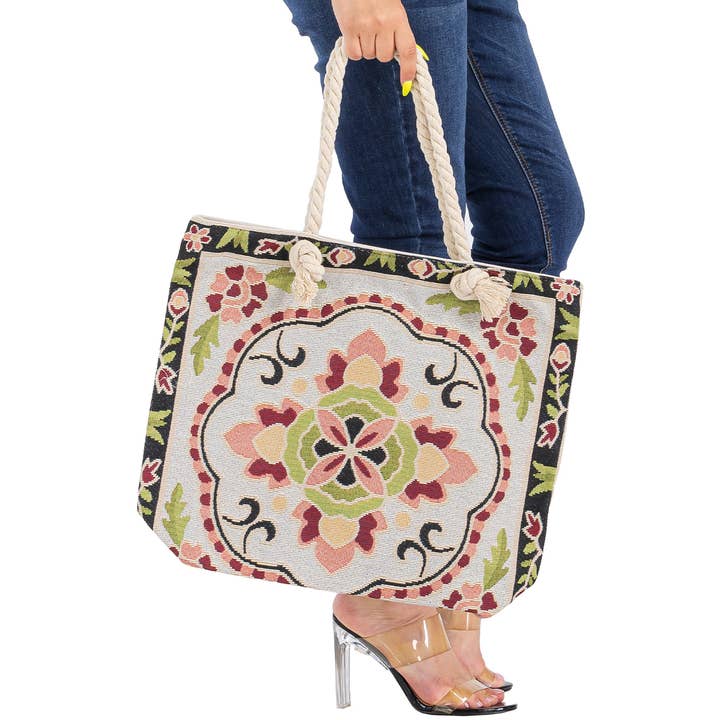 Cap Zone – wholesale Bärkasse - Dam – Blommig Mandala Tapestry Rope Handtag Canvas Tygväska