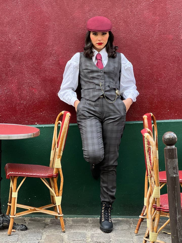 Calças xadrez cinza/preto sob medida por atacado de Pivoine Signature