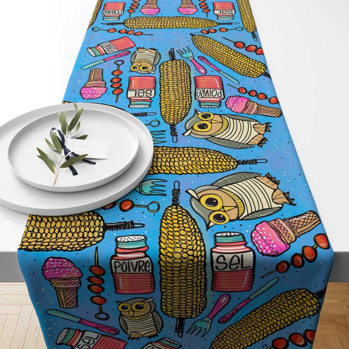 Owls & Corn Table Runner, Summer Picnic Kitchen Linens for wholesale by Atelier Vero Wholesale