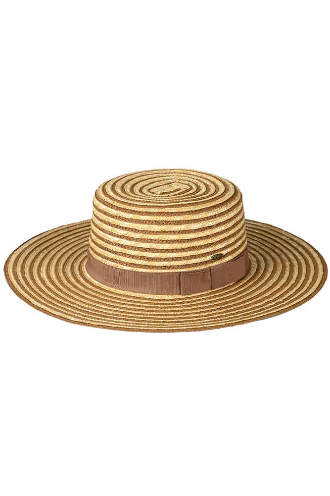 Hana - Wholesale Straw Hat - Women's - C.C Stripe Pattern Straw Boater Sun Hat2