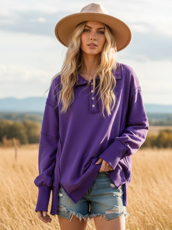 GAME DAY SNAP COLLARED HENLEY SWEATSHIRT (Copy) for wholesale by Sewn and Seen