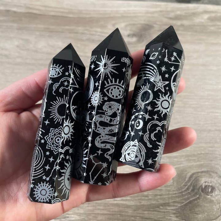 Black Obsidian Etched Obelisk – Assorted Styles for wholesale by Keystone Crystals