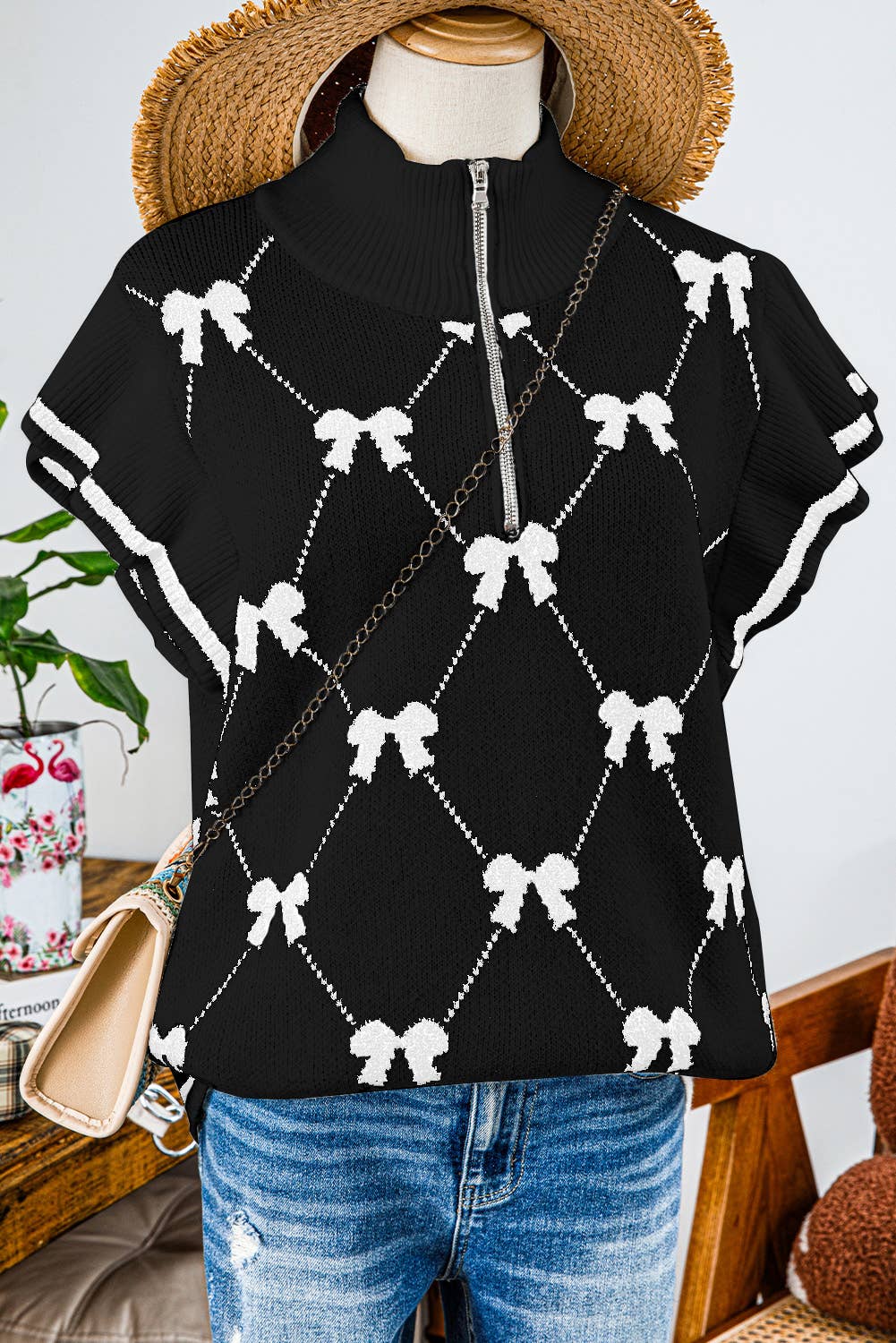 fashionworks - Vente Pull en maille – femme - Chandail à col zippé à imprimé nœud Fashion-W Preppy Vibes8