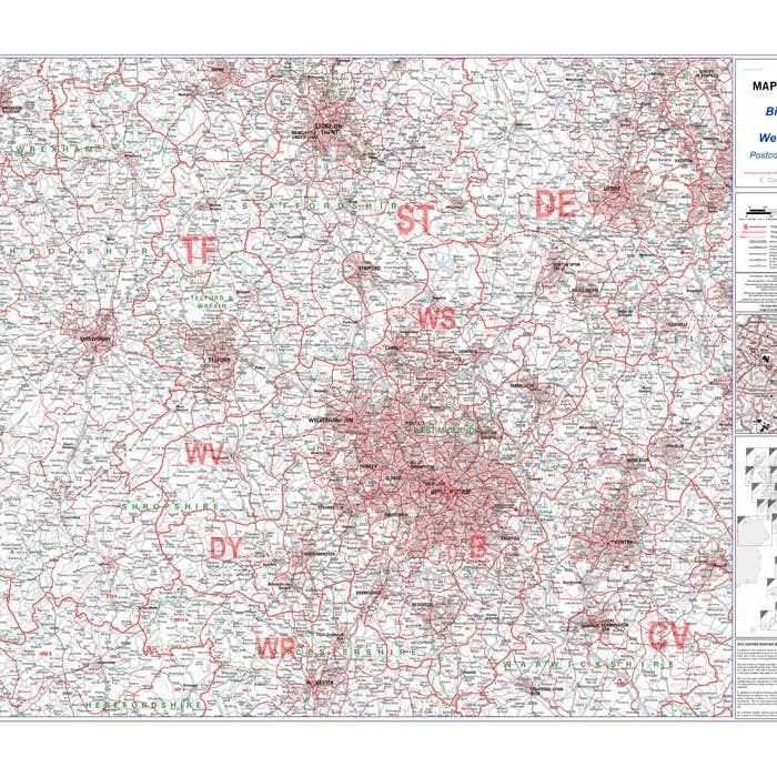 Mapa del muro de códigos postales de Birmingham & West Midlands - Mapa del sector 13 para venta al por mayor de Map Marketing Limited