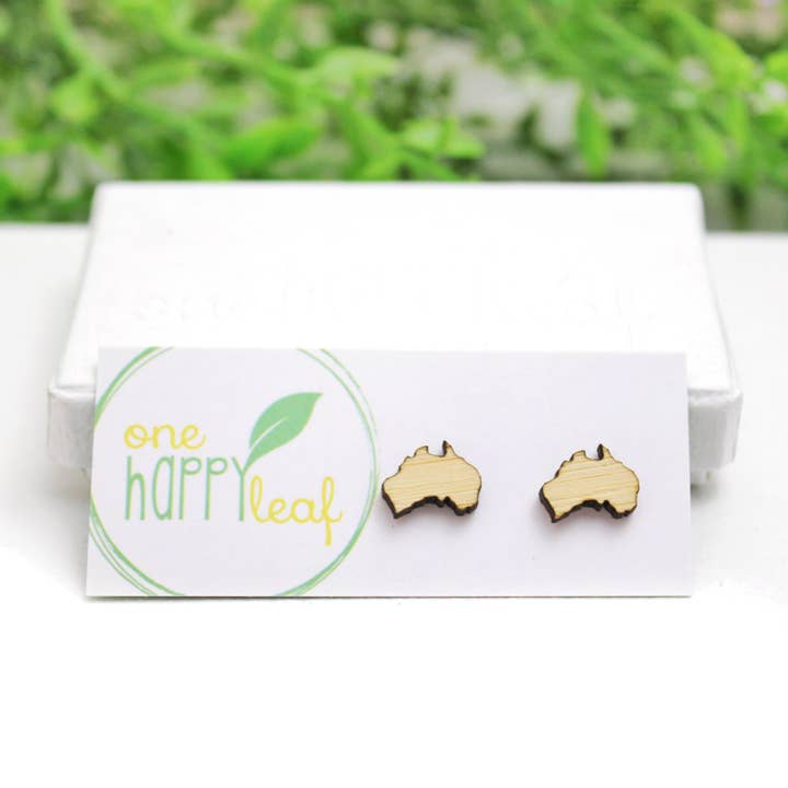Australia map earrings, Australian studs, wooden earrings for wholesale by One Happy Leaf