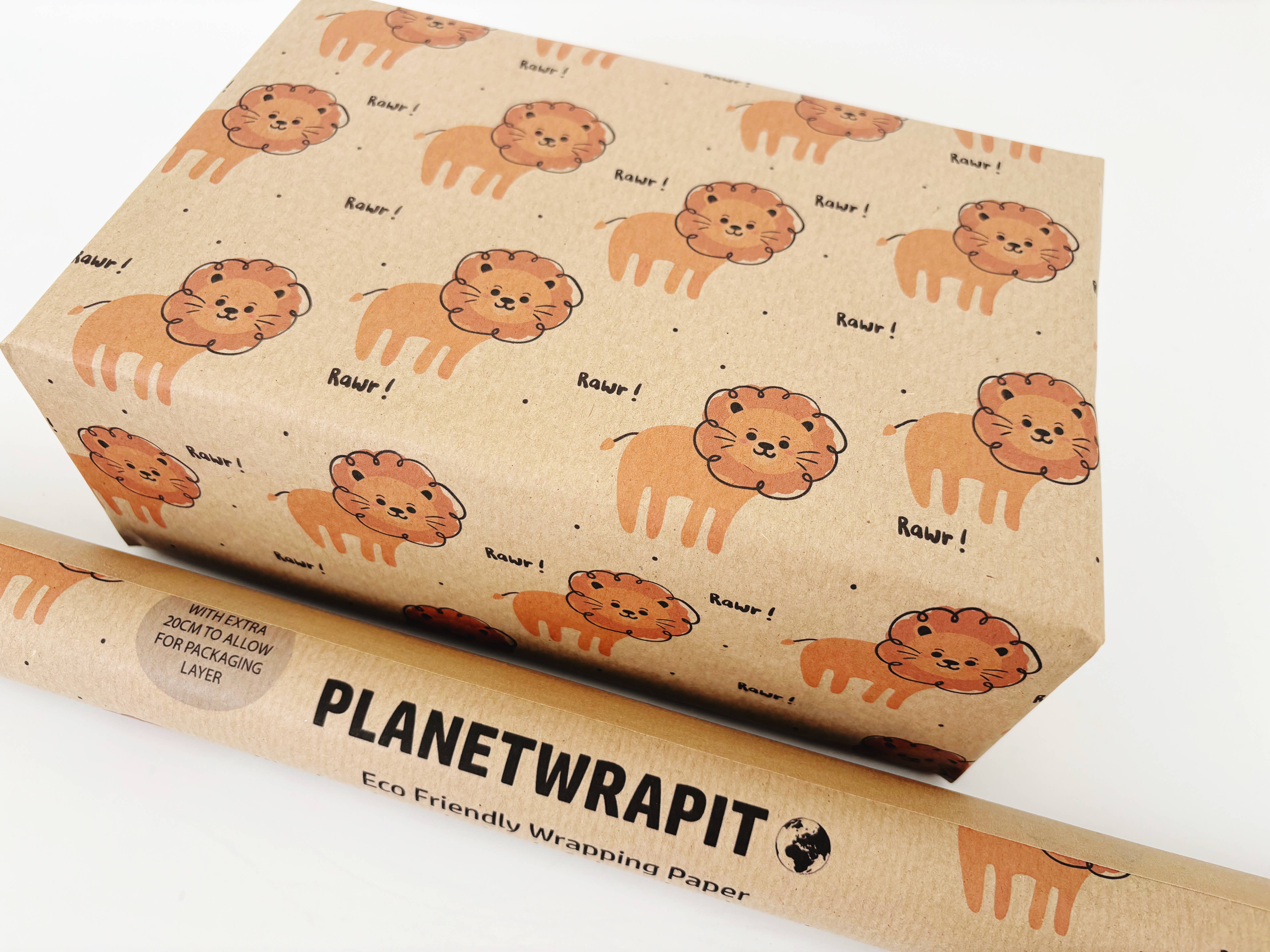 PlanetWrapIt - Vente Rouleau de papier cadeau - Emballage cadeau en papier kraft recyclé Lion 1