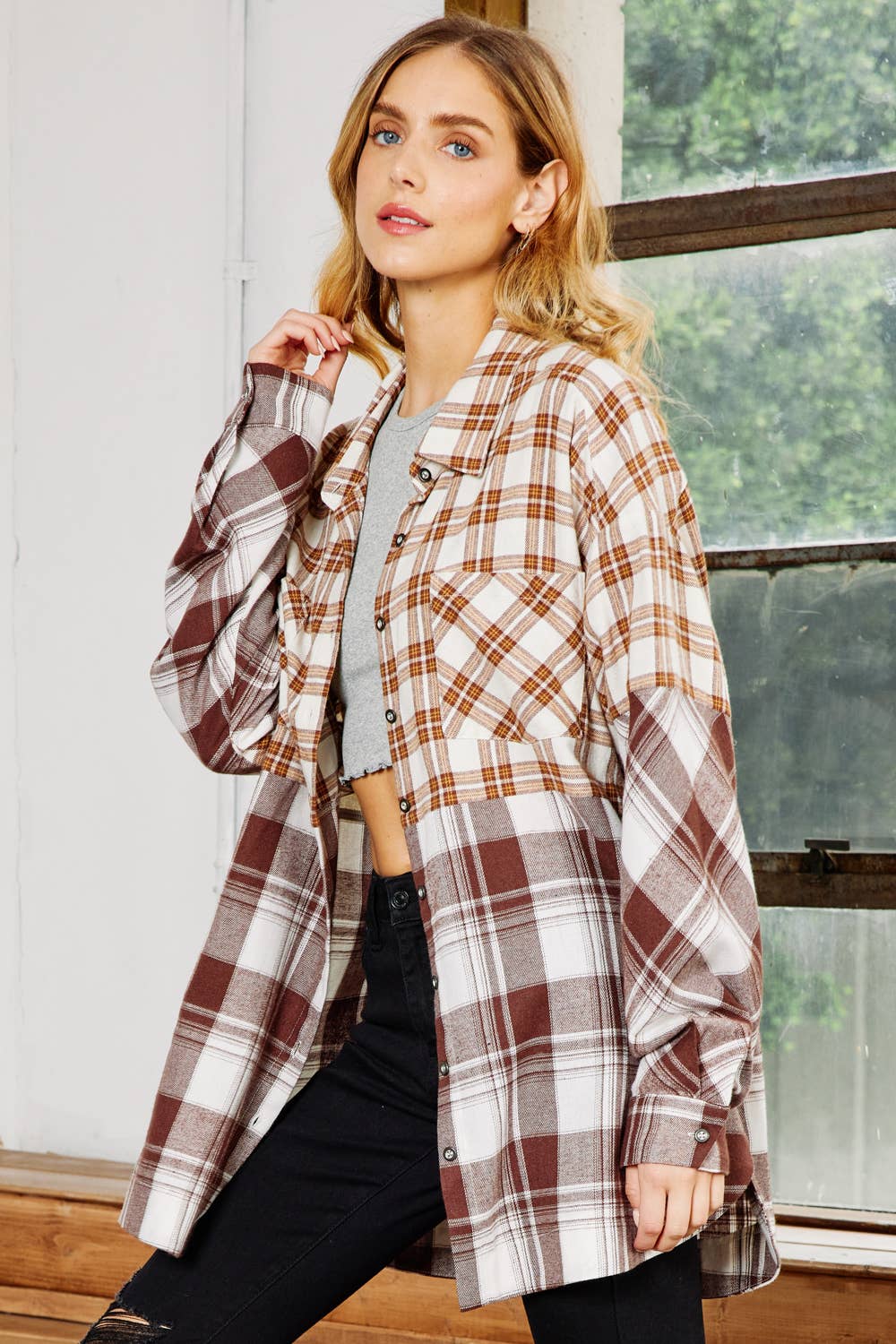 FSL Apparel - Wholesale Button Down Shirt - Women's - IJ1046 - MIXED PLAID BUTTON DOWN OVERSIZED SHIRT9