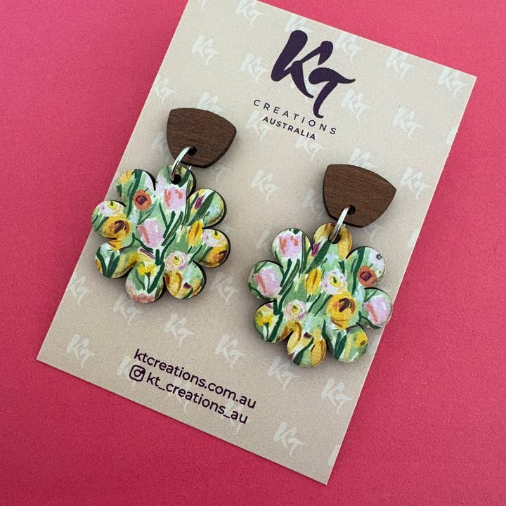 KT Creations Australia - Wholesale Dangle earrings - Floral Garden Daisy wooden dangles /wooden daisy sustainable1