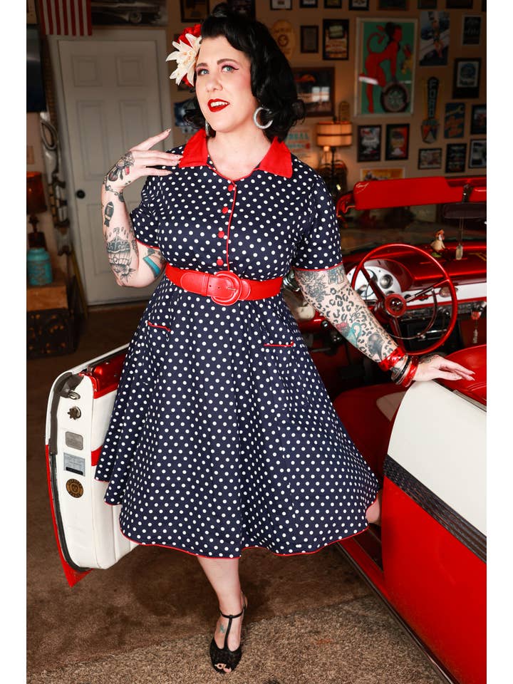 Dolly & Dotty - Wholesale Dress - Women's - Penelope Rockabilly Blue Polka Dot Shirt Dress