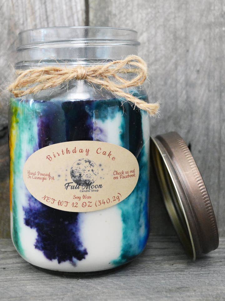 Geburtstagskuchen Mason Jar Kerze 12oz für den Großhandel von Full Moon Candle Shop
