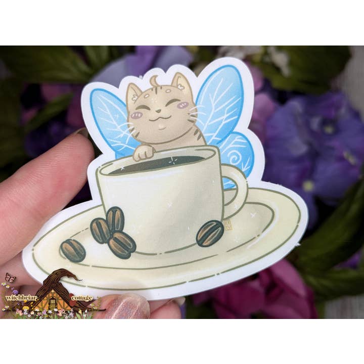 Coffee Fairy Cottage-Core Vinyl Sticker for Devices for wholesale by Witchbriar Cottage