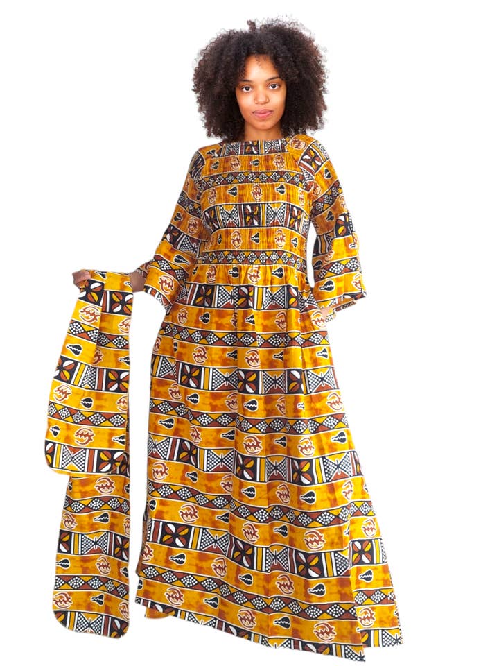 024 Women Long Printed Smocked Dress- Mud Tribal Print for wholesale by India Batik