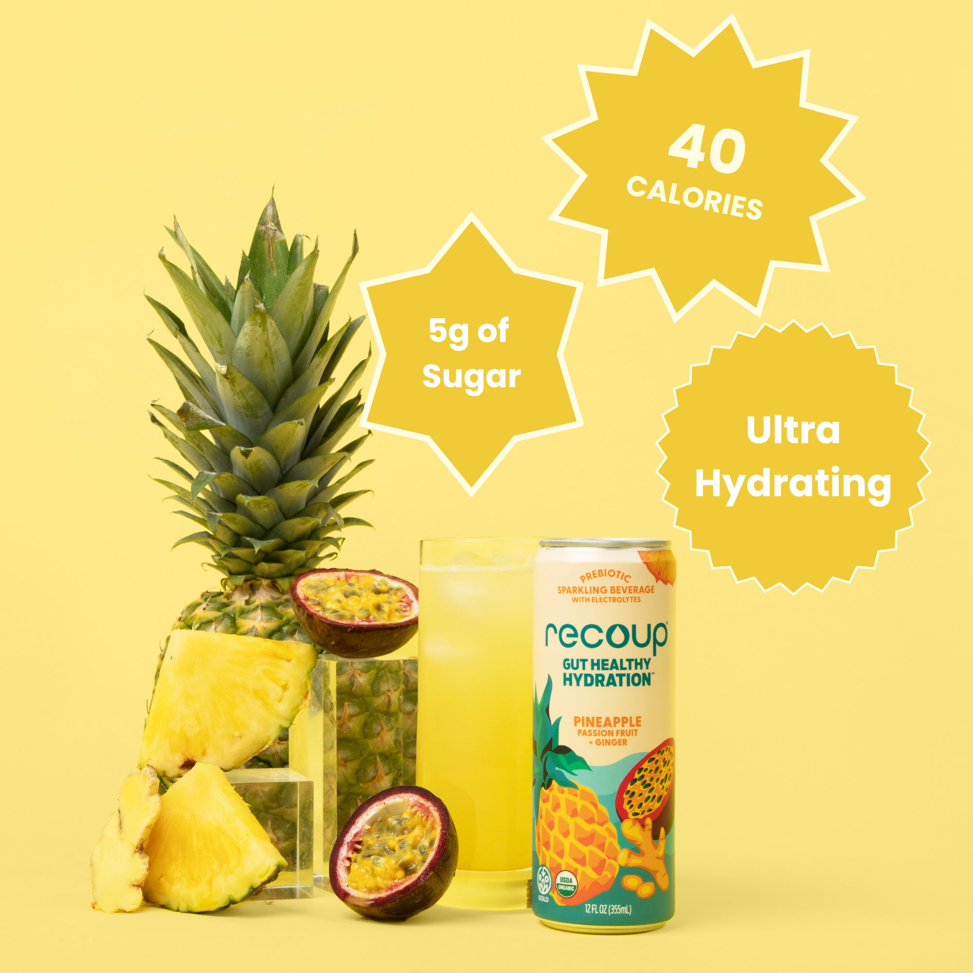 Recoup - Wholesale Sparkling Water - Pineapple Passionfruit + Ginger Prebiotic Sparkling Beverage2
