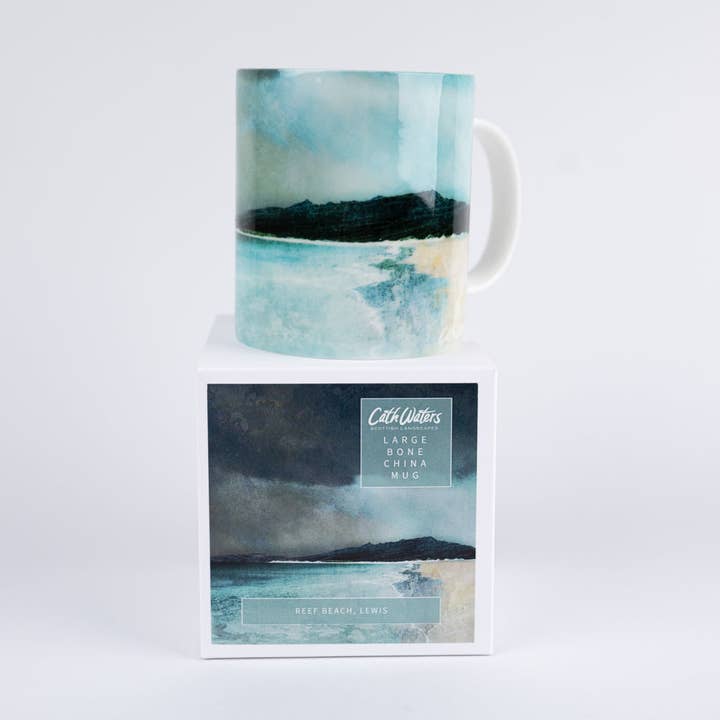 Reef Beach Isle of Lewis Large Bone China Mug for wholesale by Cath Waters Scottish Landscapes