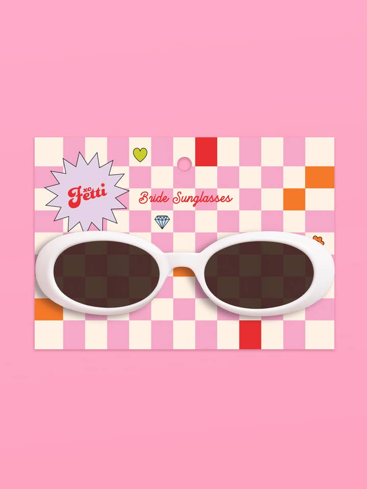 White Bride Sunnies - bride embossed sunglasses, bachelorette accessory for wholesale by xo, Fetti